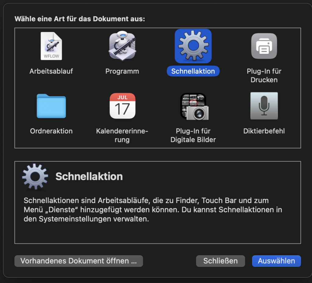 Screenshot: Automator, Schnellaktion ist ausgewählt.