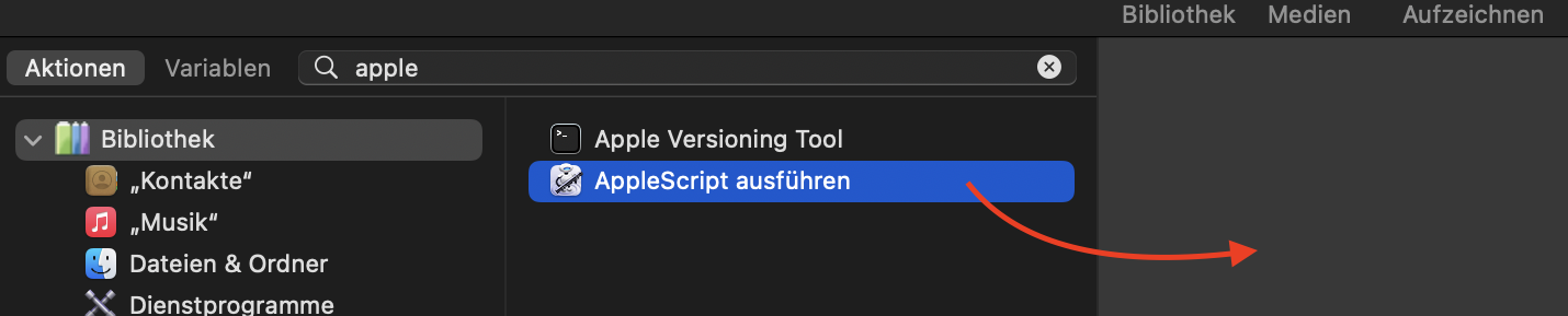 Screenshot: "AppleScript ausführen" ist angewählt.