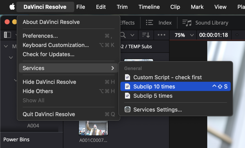 Screenshot: das Menü von DaVinci Resolve. Ausgewählt ist der selbsterstellte Workflow aus dem Automator im Untermenü "Services". Ein Keyboard Shortcut ist festgelegt.