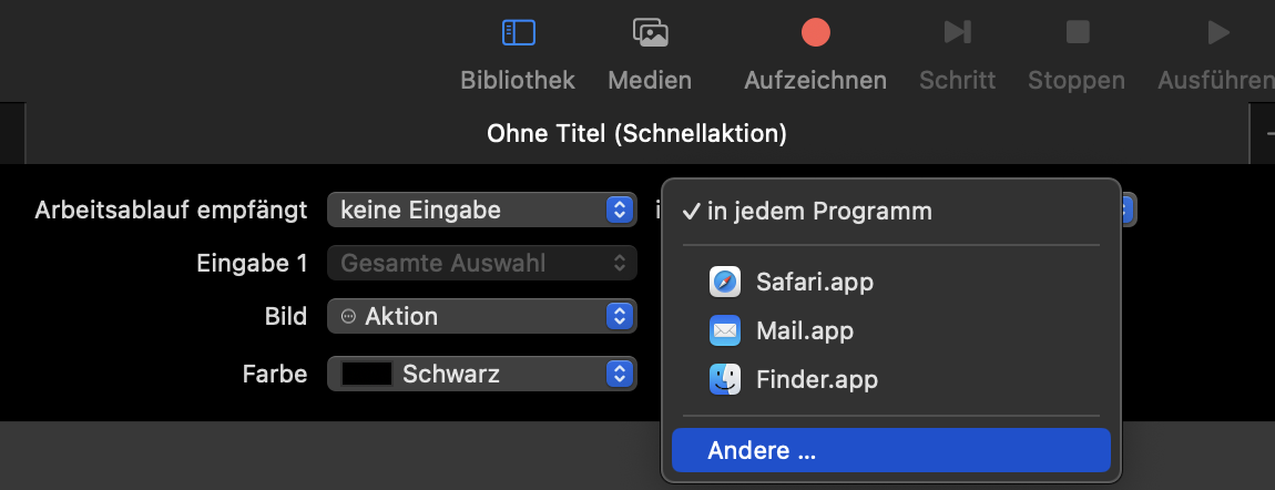 Screenshot: Arbeitsablauf empfängt: "keine Eingabe" in "Programm wählen".